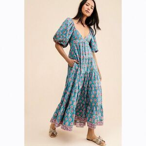 Saylor Anthropologie Annaleise Maxi Dress Printed Puff Sleeve Tiered L 282061